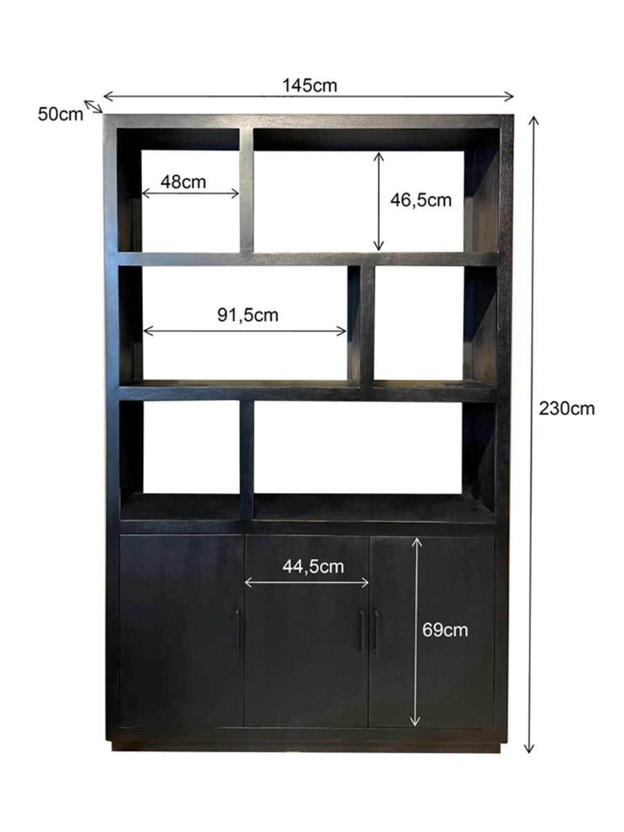 Vakkenkast Jaxx 120 cm zwart mangohout, maatvoering met afmetingen