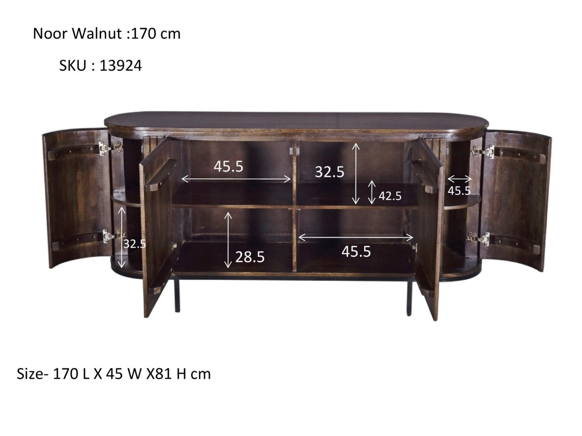 Dressoir Noor walnoot mangohout, maatvoering met afmetingen