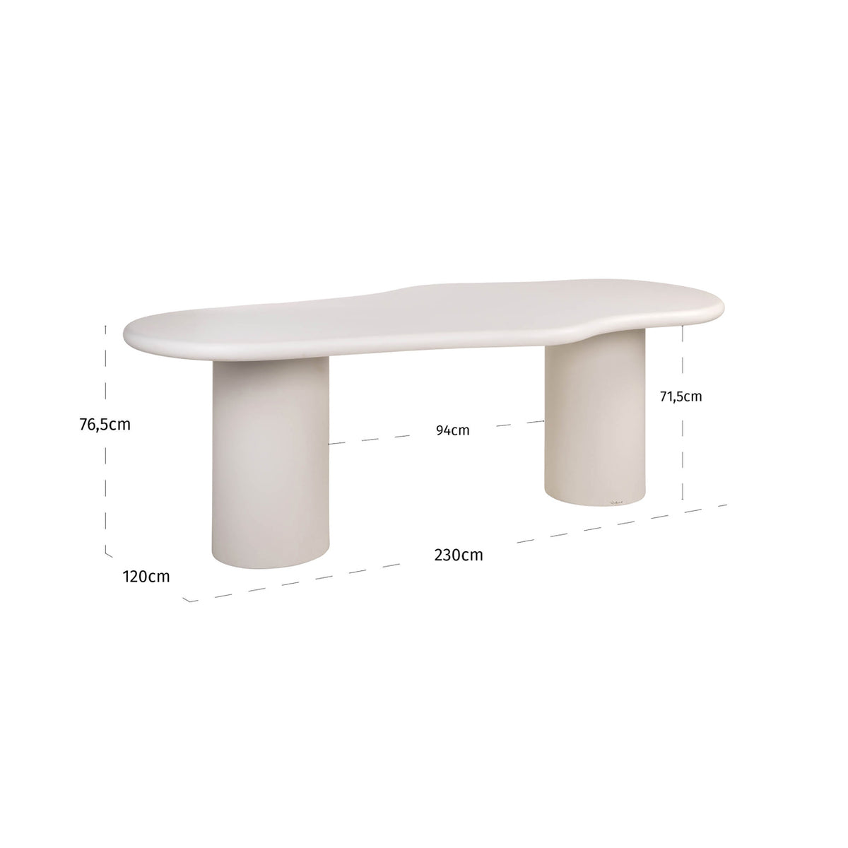 Eettafel Bloomstone wit gips 230 cm, maatvoering met afmetingen
