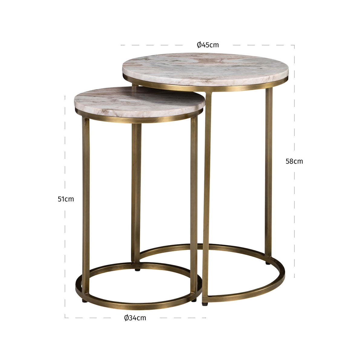 Bijzettafel Bottega beige marmer 45 cm, maatvoering met afmetingen