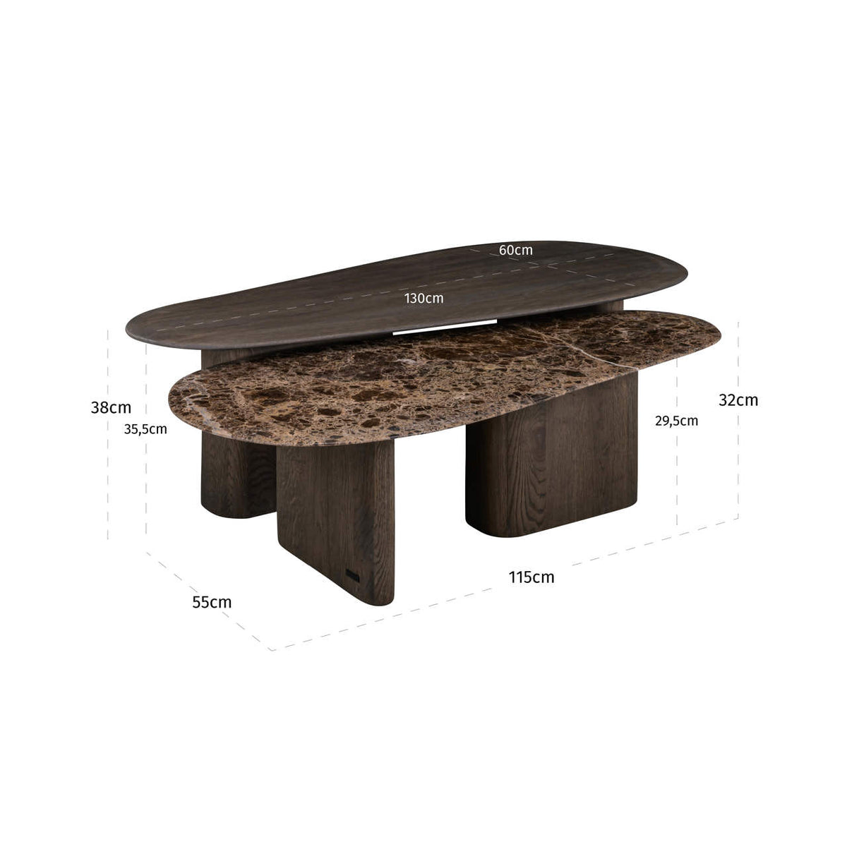 Salontafel Castello donkergrijs eikenhout, maatvoering met afmetingen