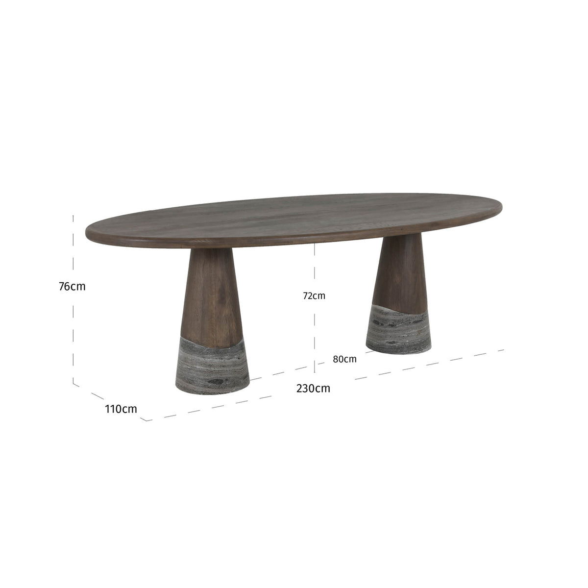 Eettafel Harper donkergrijs eikenhout, maatvoering met afmetingen