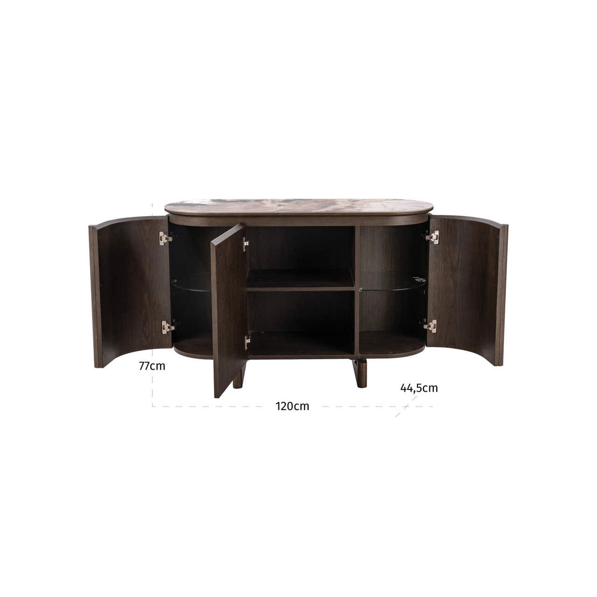 Dressoir Langford bruin mdf 3 deuren, maatvoering met afmetingen