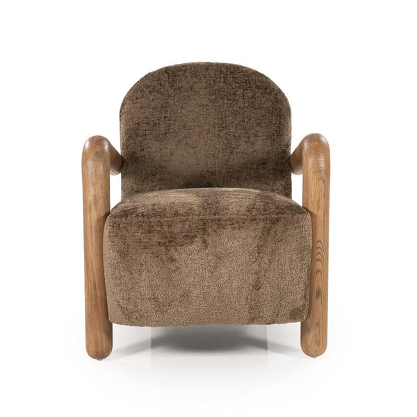 Fauteuil Retrova bruin stof, vooraanzicht op witte achtergrond