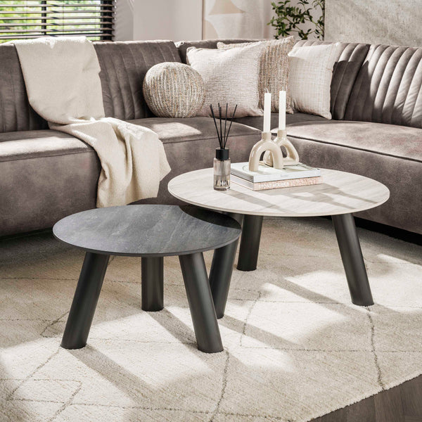 Salontafel Lumis | keramiek travertin zwart/grijs Rond | Set Van 2