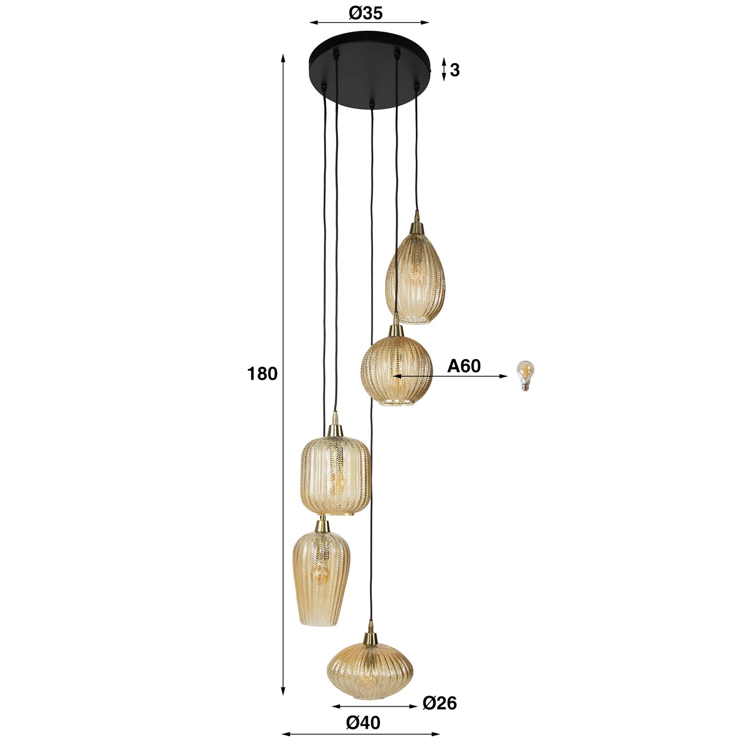 Hanglamp V-Shape | 5 Lampen | Amberkleurig Glas