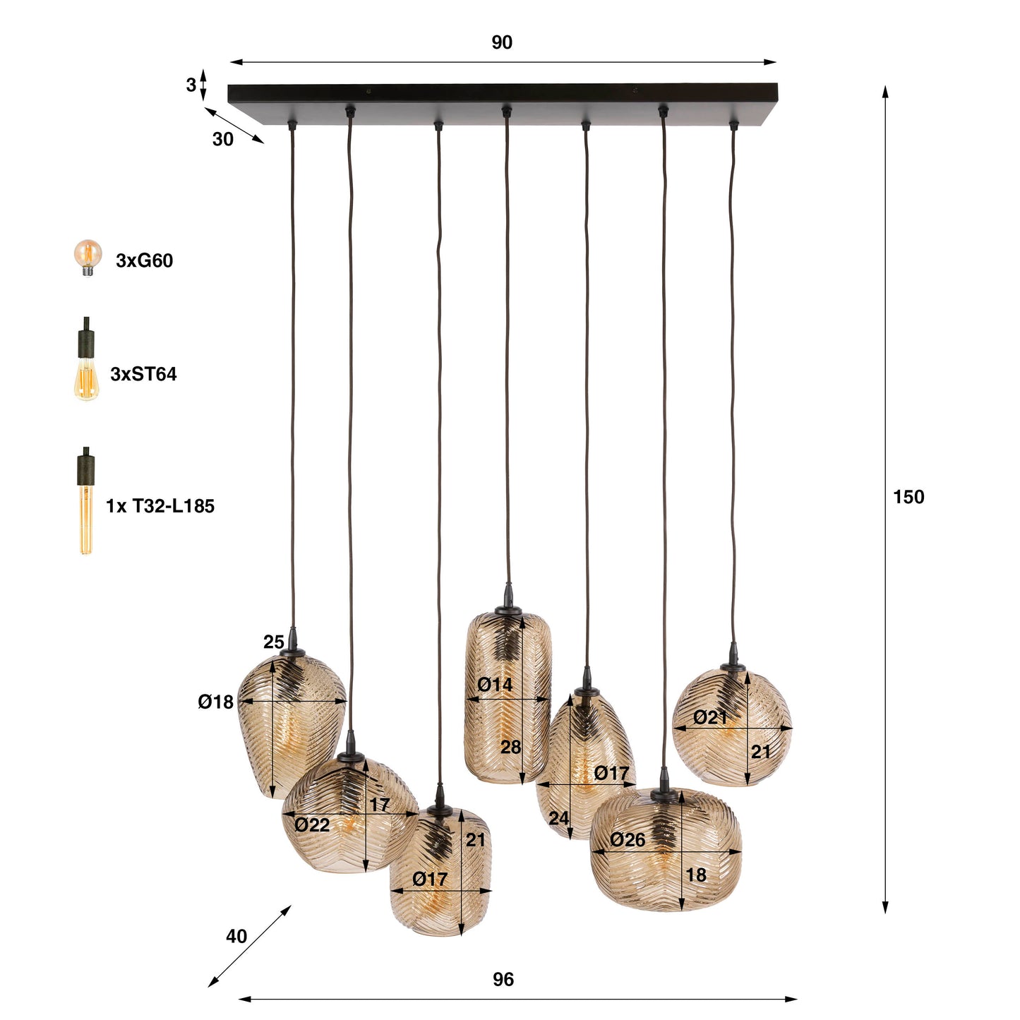 Hanglamp Chevron | 7 Lichts | Smoke Bruin Glas