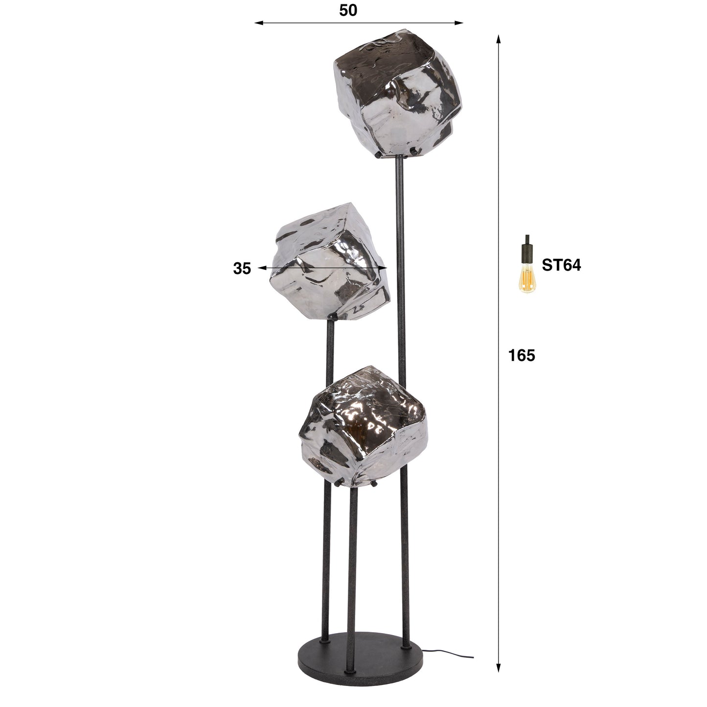 Vloerlamp Rock | Getrapt 3-Lichts | Chroom Glas