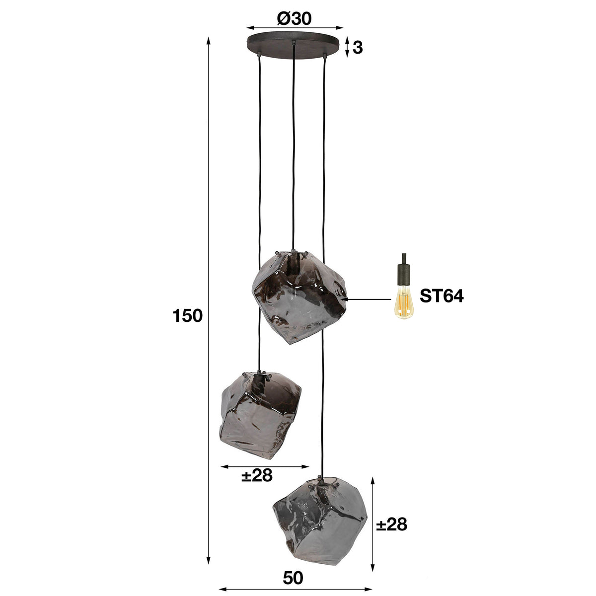 Hanglamp Petra | 3 Lampen | Chrome Glas
