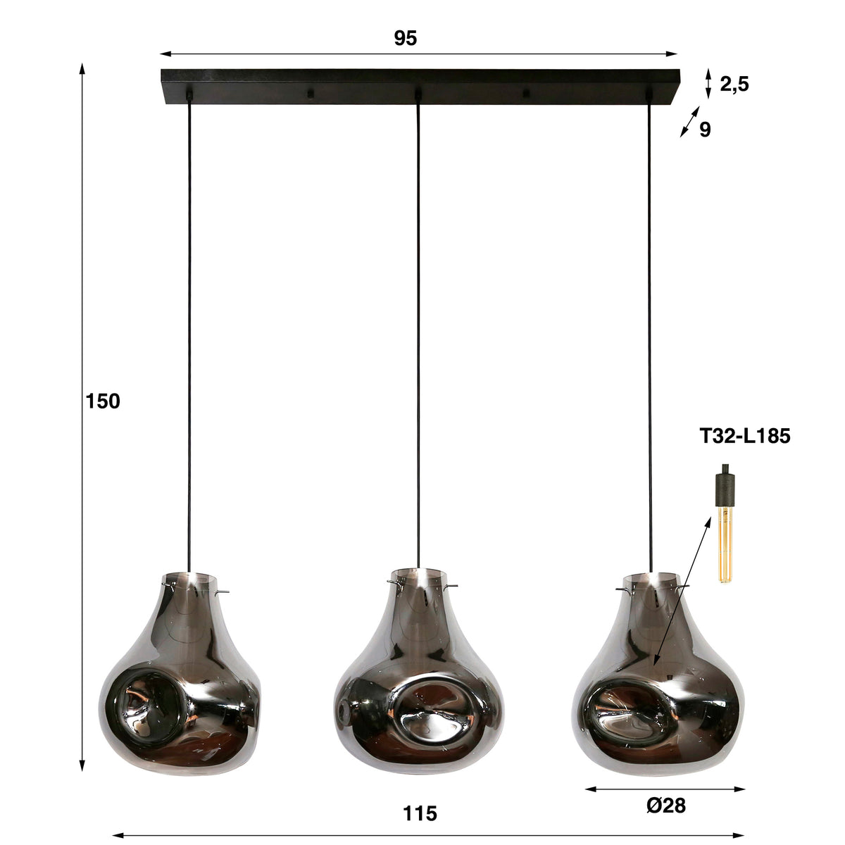 Hanglamp Hanna | Zwart Glas | Magazijn leegverkoop