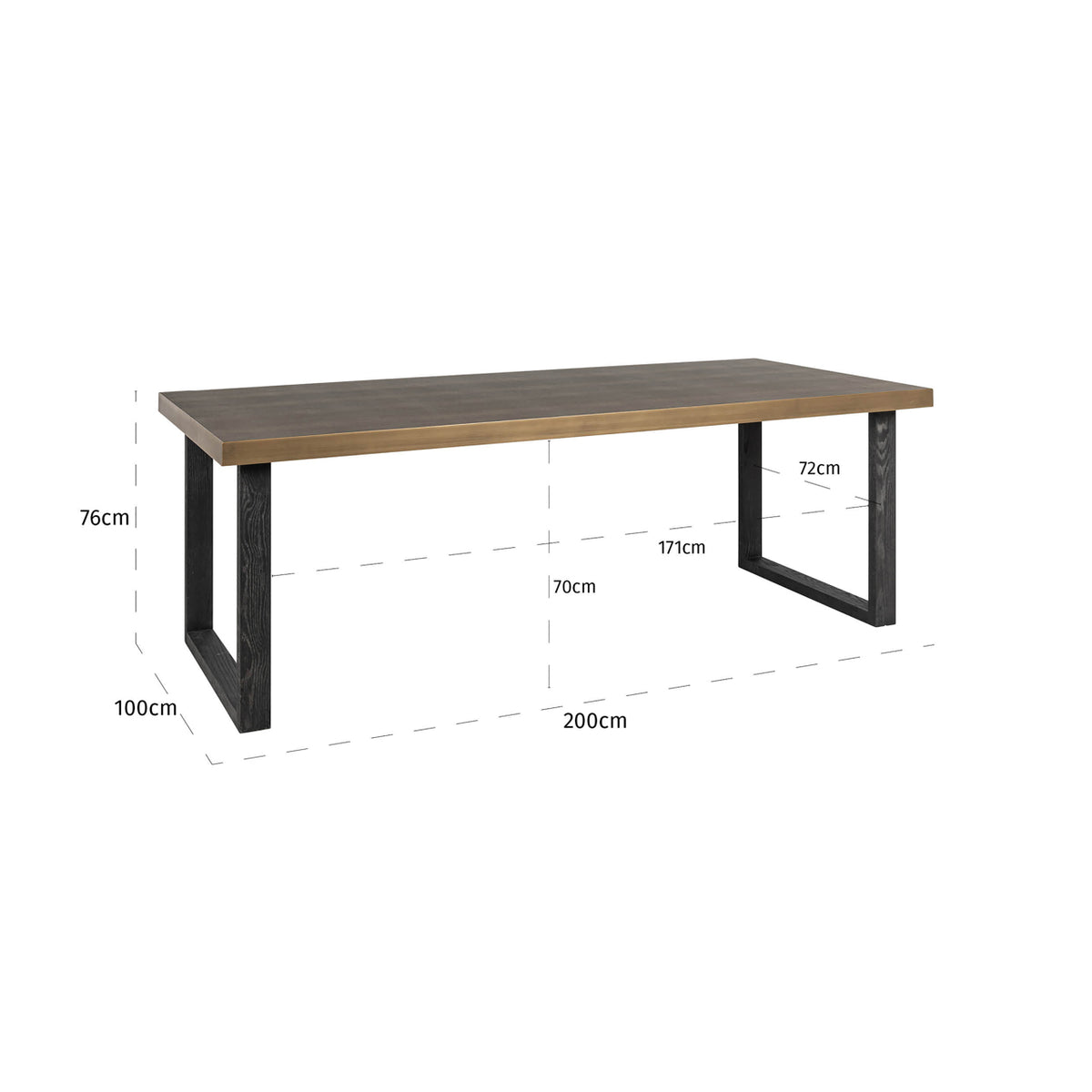 Eettafel Bloomville goud ijzer 200 cm, maatvoering met afmetingen