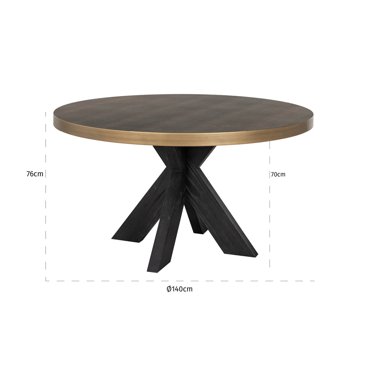 Eettafel Bloomville goud glas, maatvoering met afmetingen