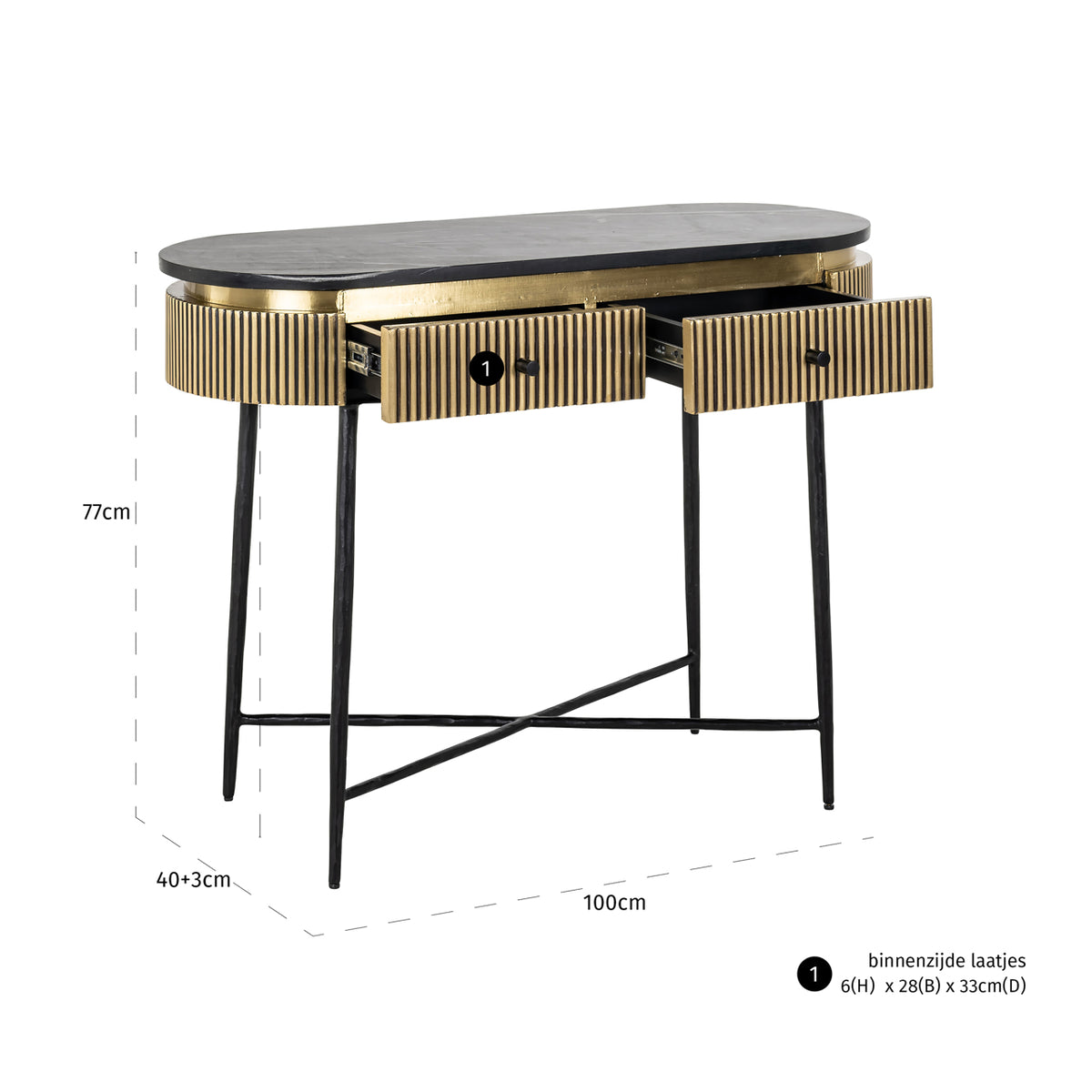 Wandtafel Ironville zwart marmer, maatvoering met afmetingen