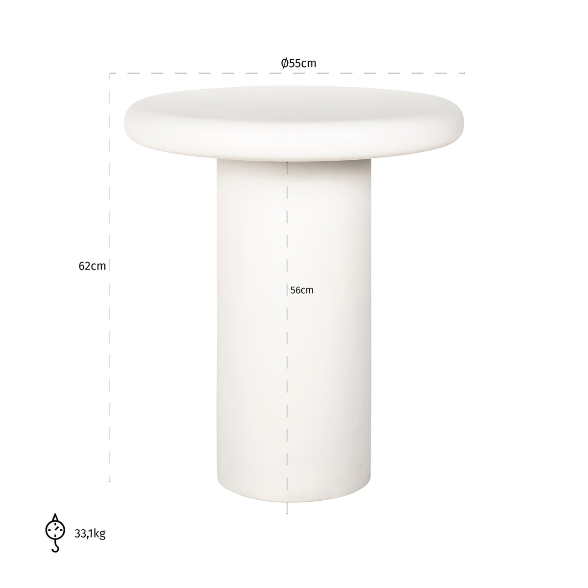 Bijzettafel Bloomstone wit, maatvoering met afmetingen