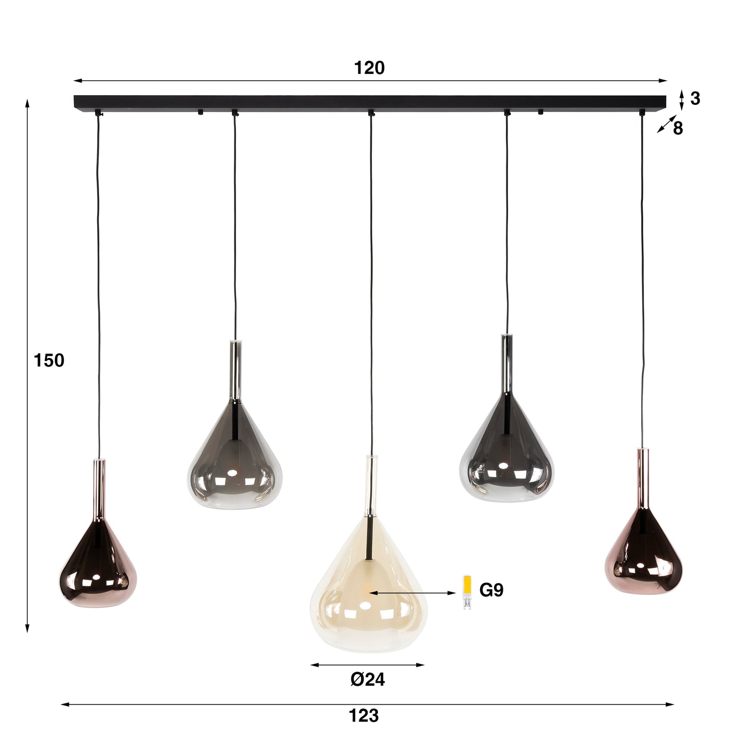 Hanglamp Olyx | Metaal Zwart | 5 lichts