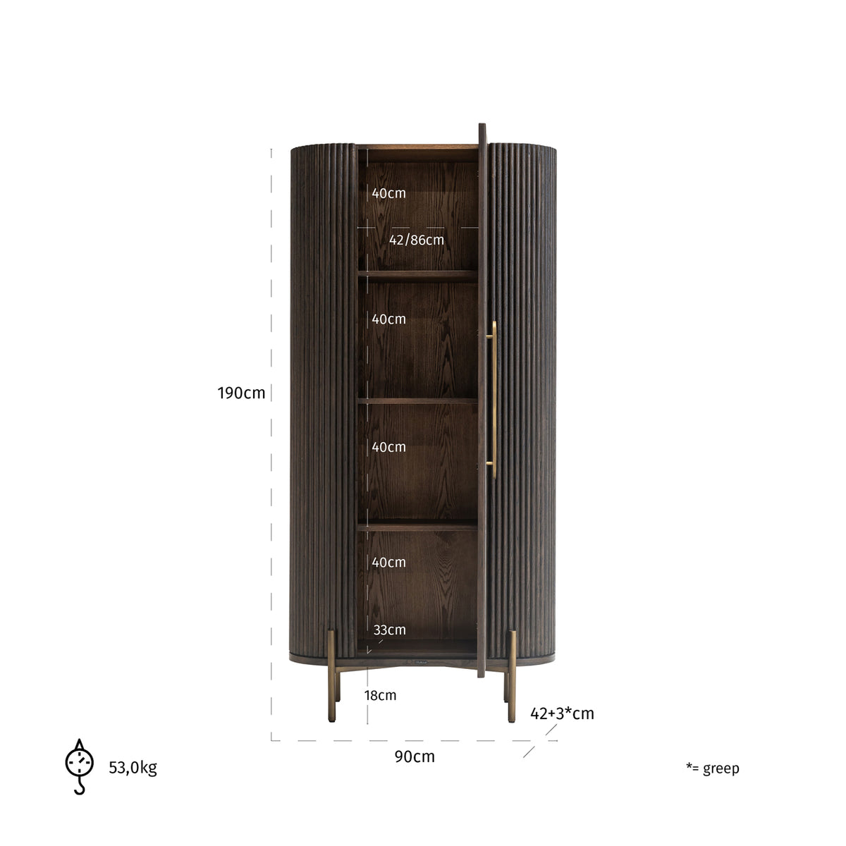 Wandkast Luxor bruin eikenhout, maatvoering met afmetingen