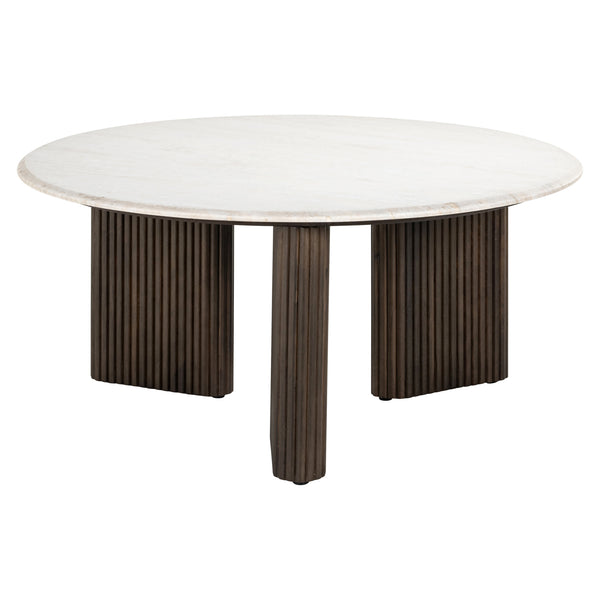 Salontafel Mayfield bruin mangohout wit marmer, vooraanzicht op witte achtergrond