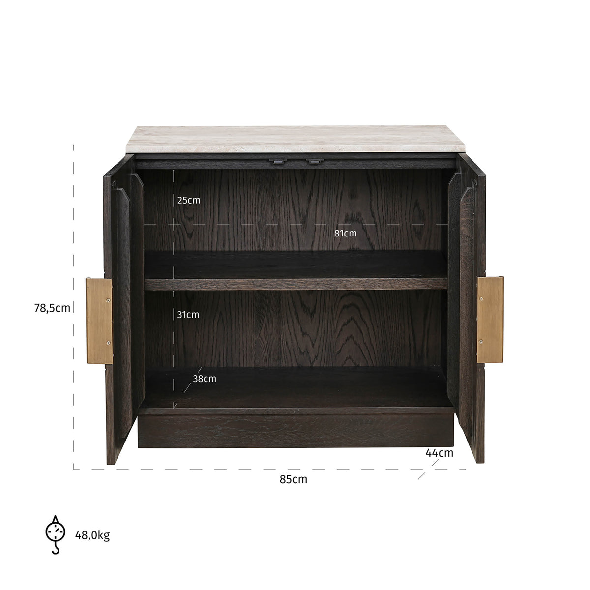 Dressoir Claremont bruin eikenhout 85 cm, maatvoering met afmetingen
