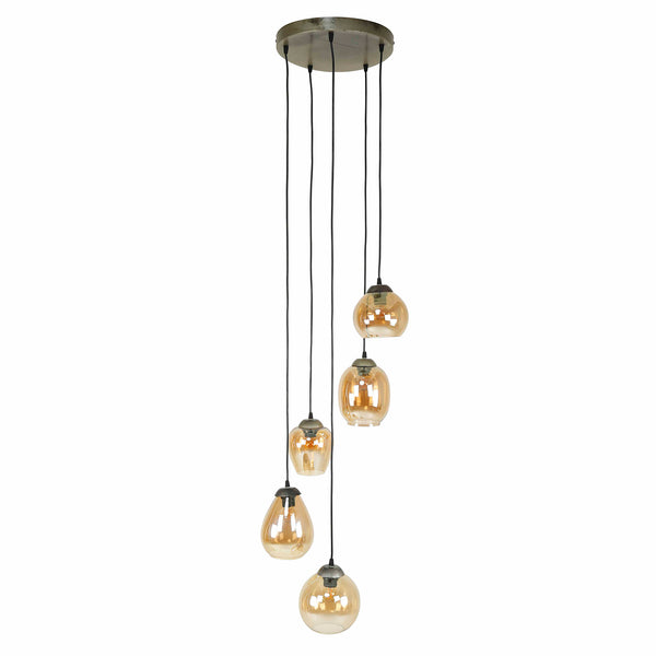 Hanglamp 5L getrapt mix amberkleurig glas, vooraanzicht op witte achtergrond