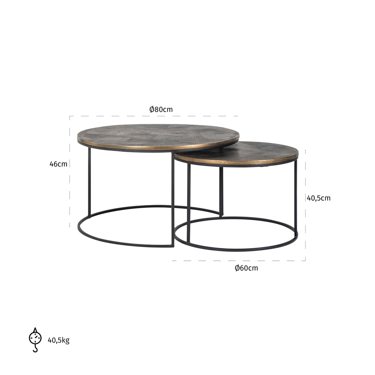 Salontafel Tulum Set bruin aluminium, maatvoering met afmetingen