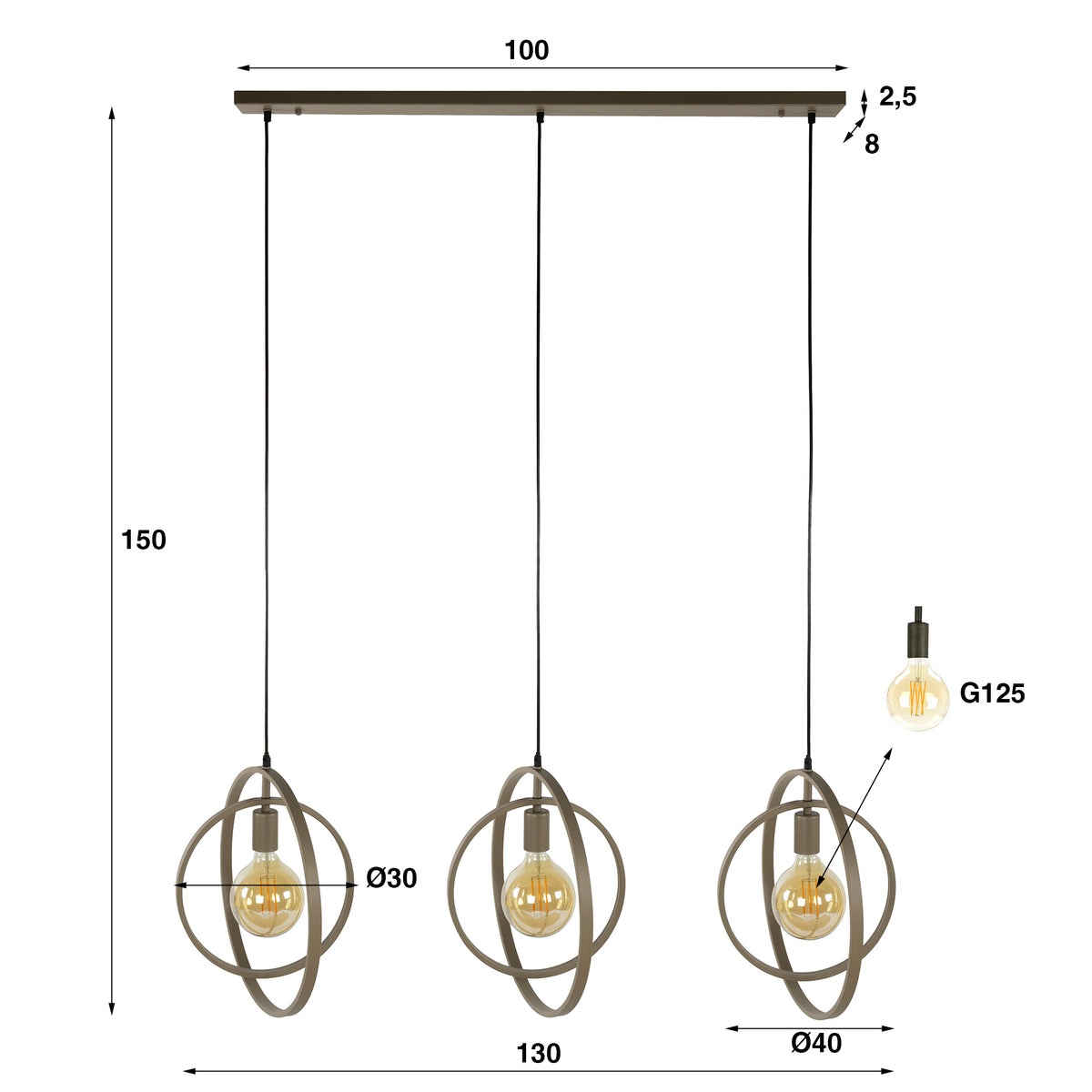 Hanglamp Turn Around beige, maatvoering met afmetingen
