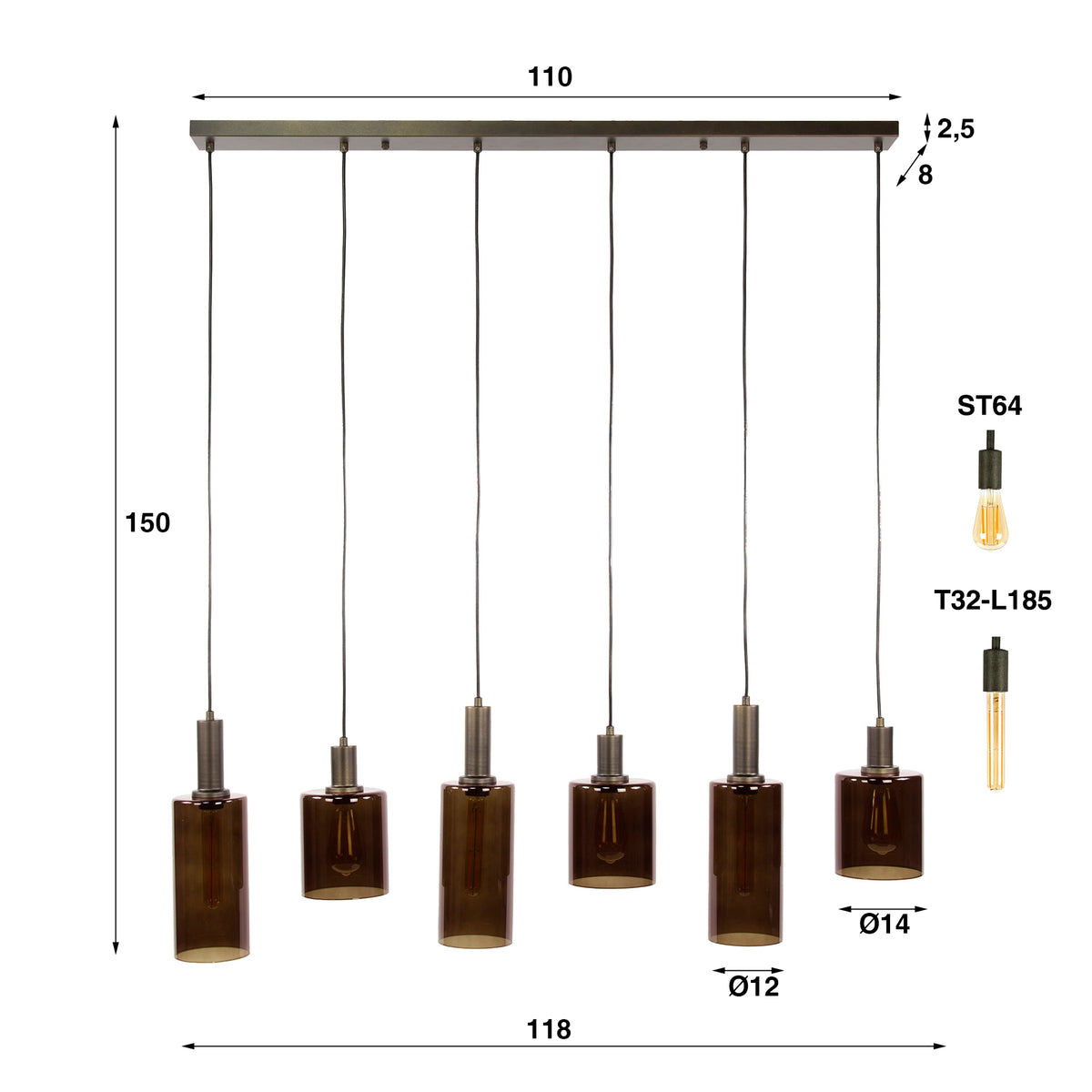 Hanglamp Sepiora 6 lampen bruin glas, maatvoering met afmetingen