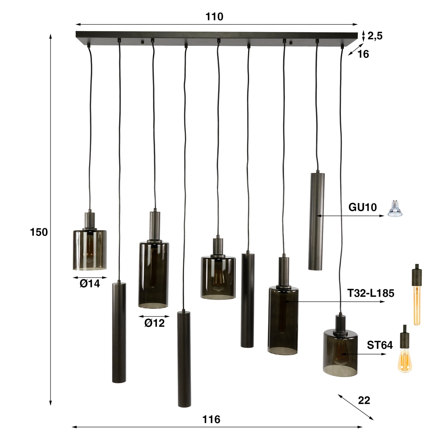 Hanglamp Sepiora | 5+4 Lichts | Glas Bruin