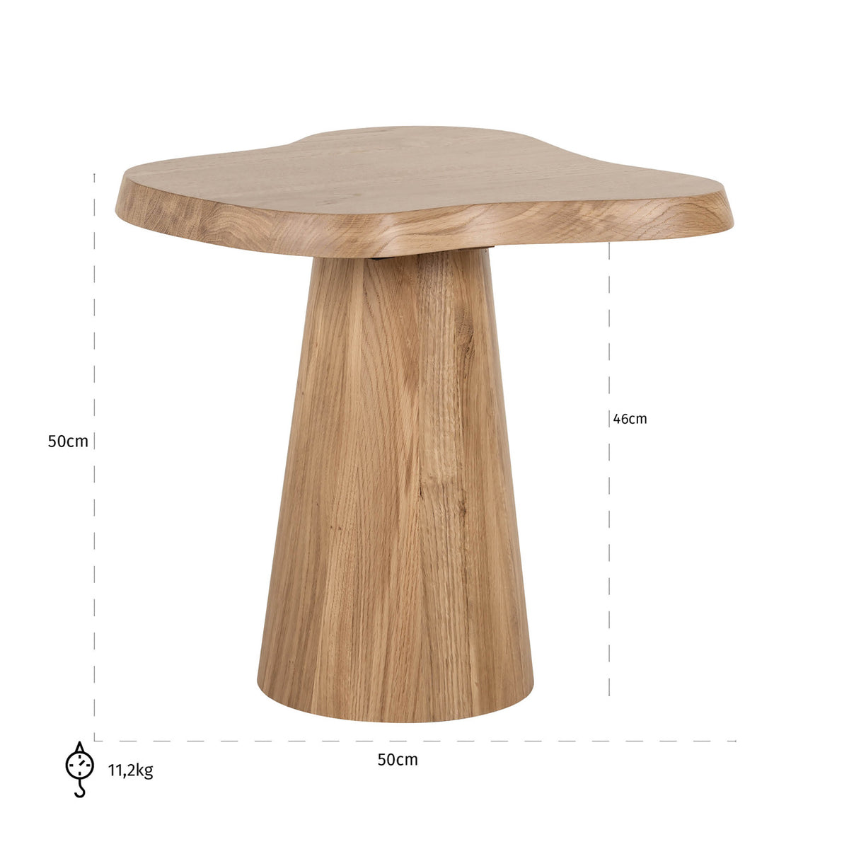 Bijzettafel Riva naturel eikenhout, maatvoering met afmetingen