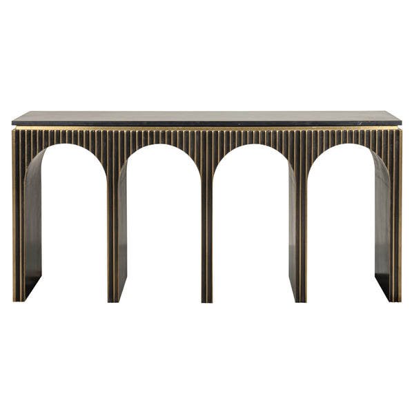 Sidetable Les Arcs goud mdf, vooraanzicht op witte achtergrond
