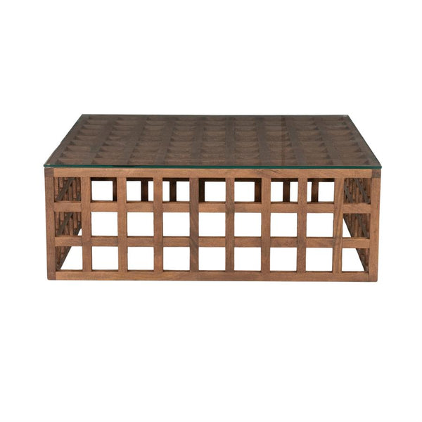 Salontafel Heras bruin mango hout & glas, vooraanzicht op witte achtergrond