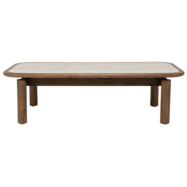 Salontafel Gabi bruin eiken fineer 120 x 60 cm, vooraanzicht op witte achtergrond