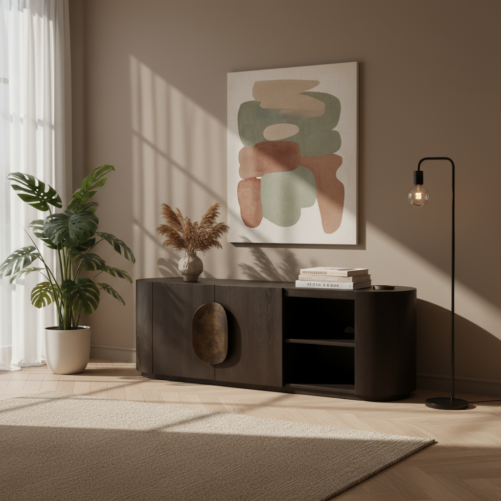 Tv-meubel Allure donkerbruin, vooraanzicht in een interieur