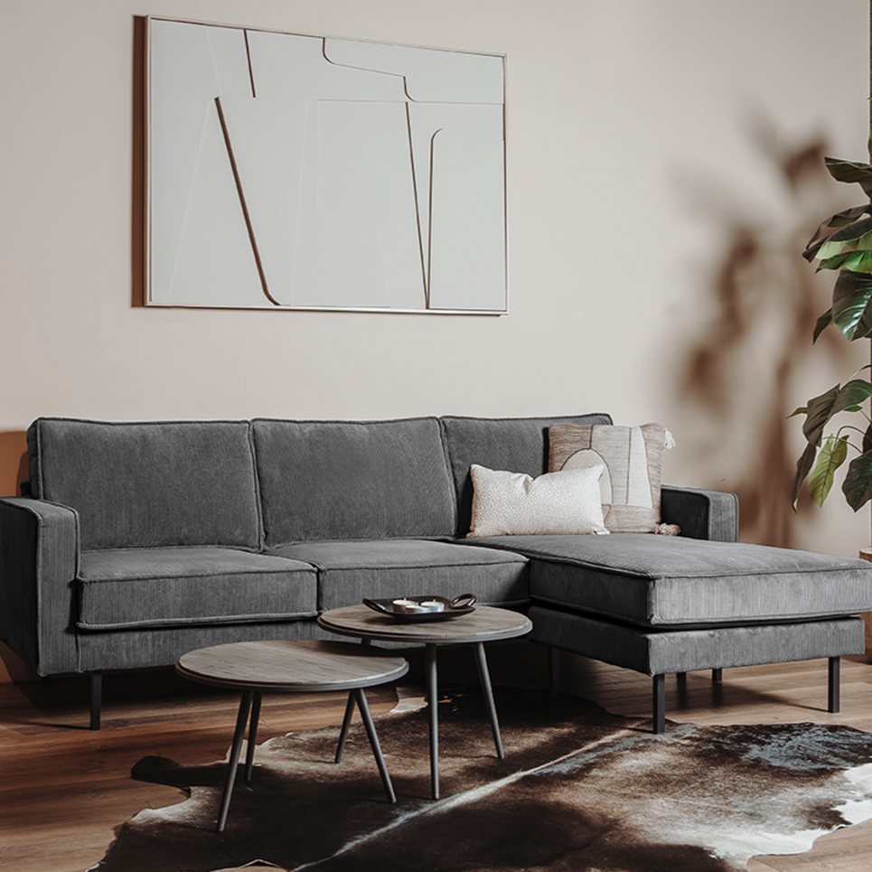 Hoekbank Derby | Grijs Ribcord | Longchair L+R