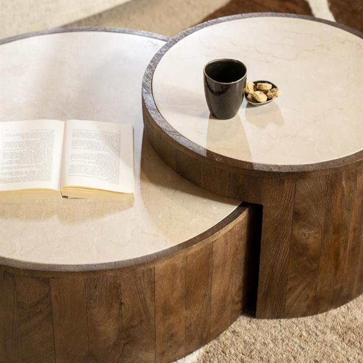 Salontafel Hazel set bruin marmer rond, detail van het materiaal