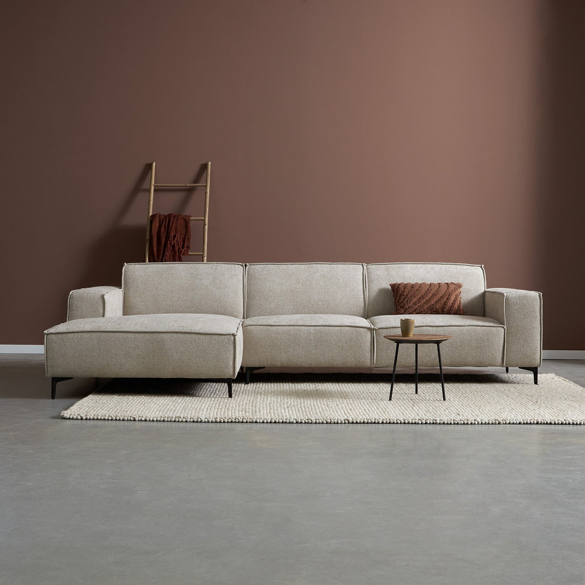 Hoekbank River stof naturel chair lounge l+r, vooraanzicht in een interieur