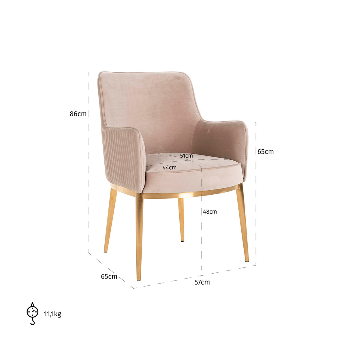 Eetkamerstoel Breeze khaki velvet brandvertragend, maatvoering met afmetingen
