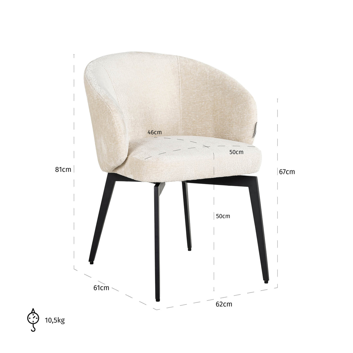 Eetkamerstoel Amphara white chenille, maatvoering met afmetingen