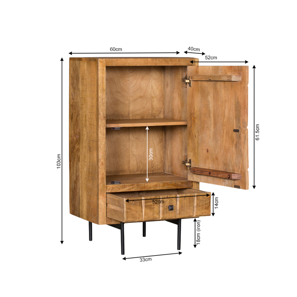 Kabinet Brandy 1 deur 1 lade, maatvoering met afmetingen