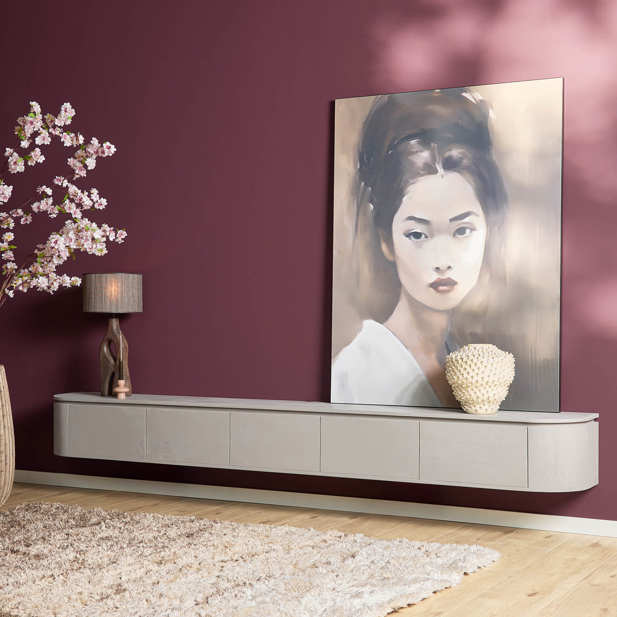TV-Meubel Excellent zwevend & pootjes taupe, schuin vooraanzicht in een interieur