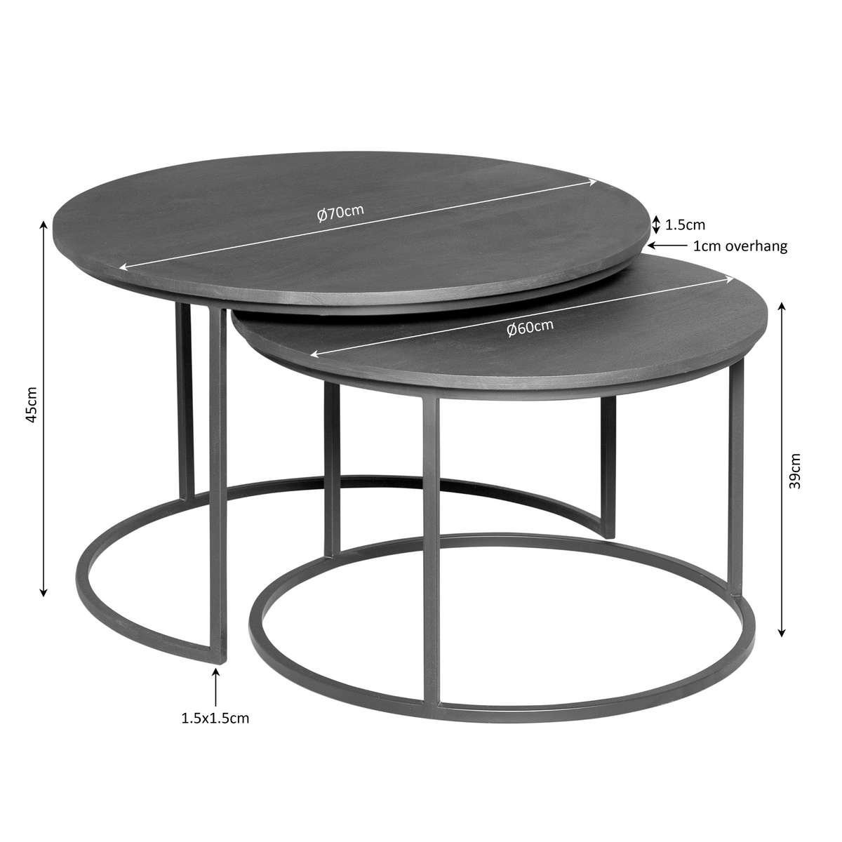 Salontafel Madison naturel mangohout, maatvoering met afmetingen