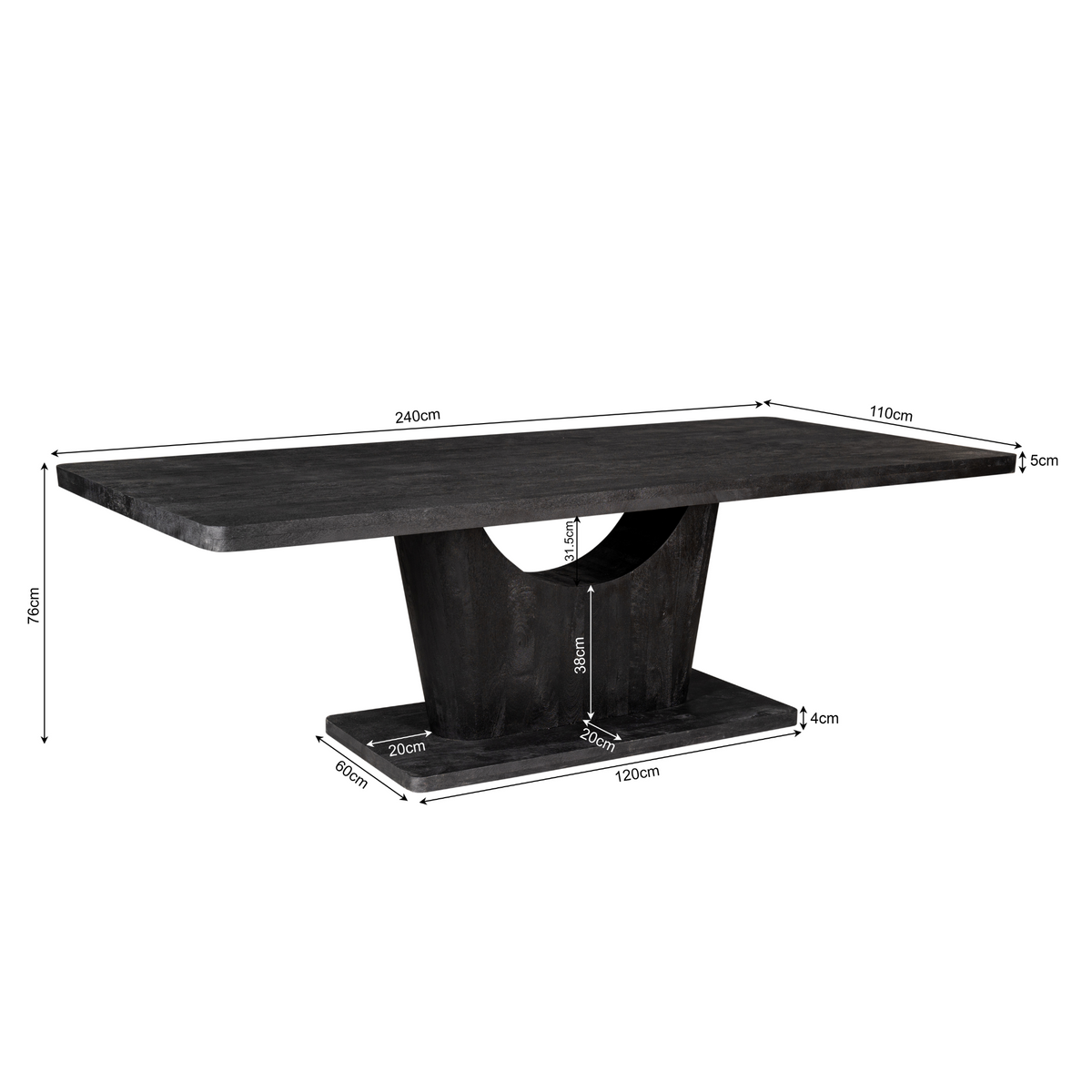 Eettafel Voco zwart mangohout 240 cm, maatvoering met afmetingen