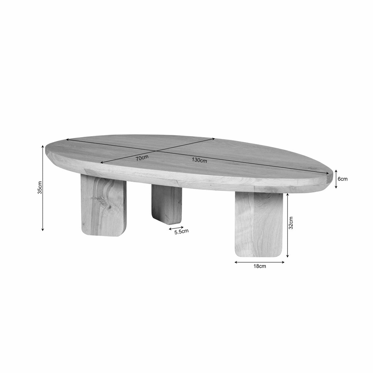 Salontafel Zillah naturel eikenhout, maatvoering met afmetingen