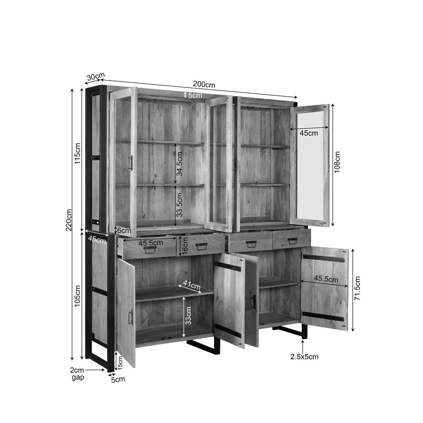 Vitrinekast Britt | 200 cm | Naturel Mangohout | NIEUW