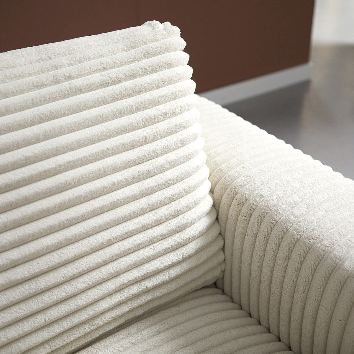 Hoekbank Uno beige ribstof, detail van het materiaal