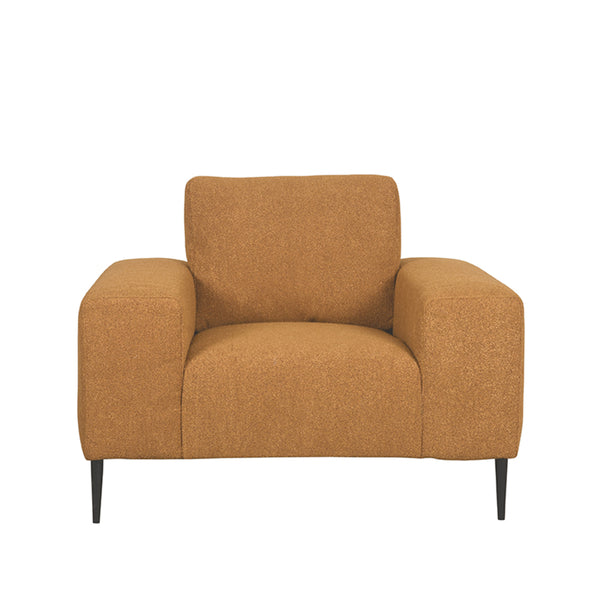 Fauteuil Ferraro 1-zits oker bouclé, vooraanzicht op witte achtergrond