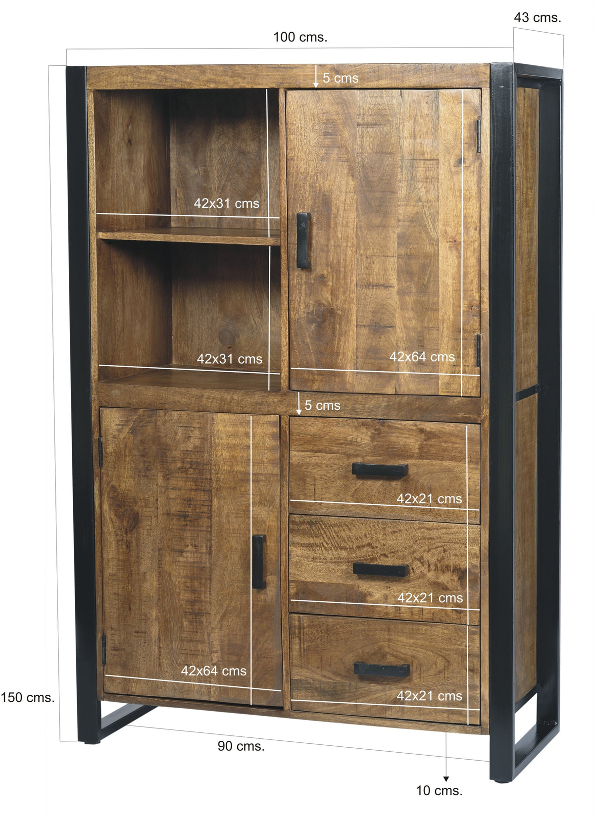 Opbergkast Nairobi bruin mangohout 100 x 150 cm, maatvoering met afmetingen