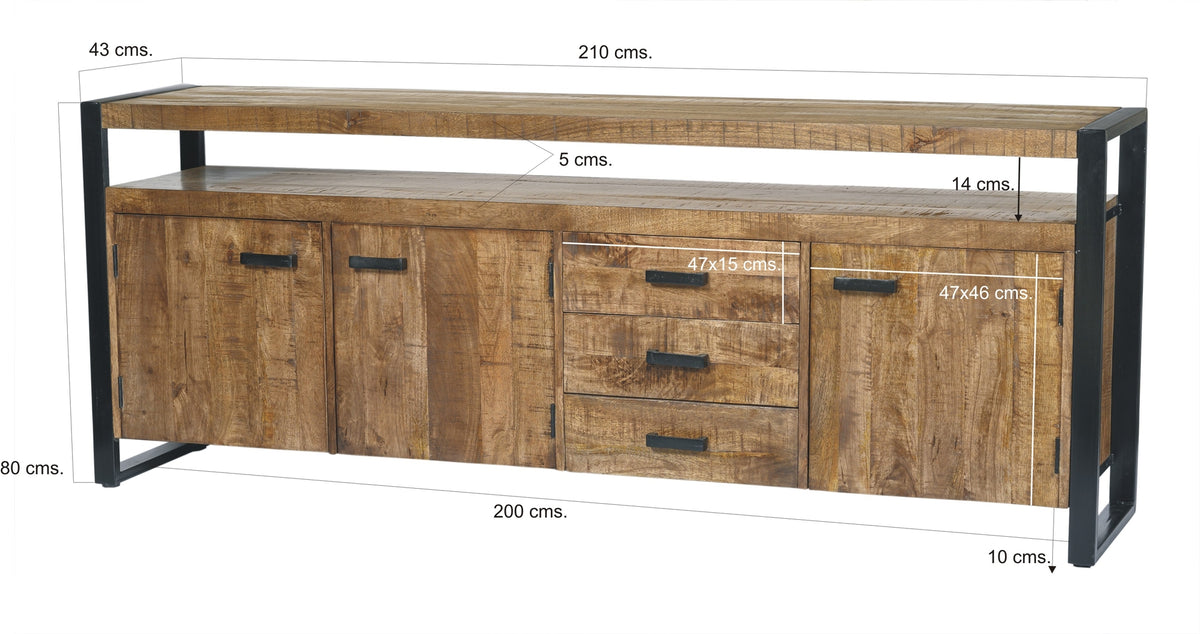 Dressoir Nairobi bruin mangohout 210 cm, maatvoering met afmetingen