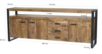 Dressoir Nairobi bruin mangohout 210 cm, maatvoering met afmetingen