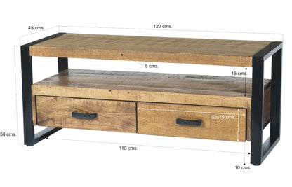 Tv-meubel Nairobi bruin mangohout 120 cm, maatvoering met afmetingen