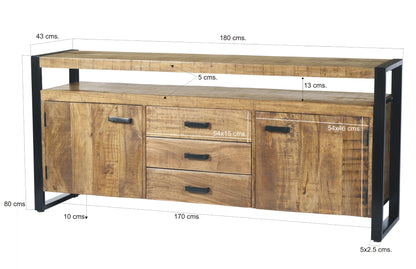 Dressoir Nairobi bruin mangohout 180 cm, maatvoering met afmetingen